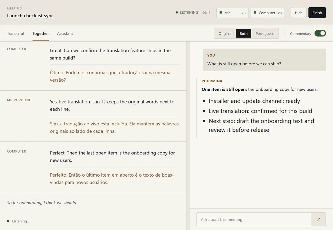 Phorminx meeting companion showing a live transcript with Portuguese translation and an assistant answer, with demonstration content