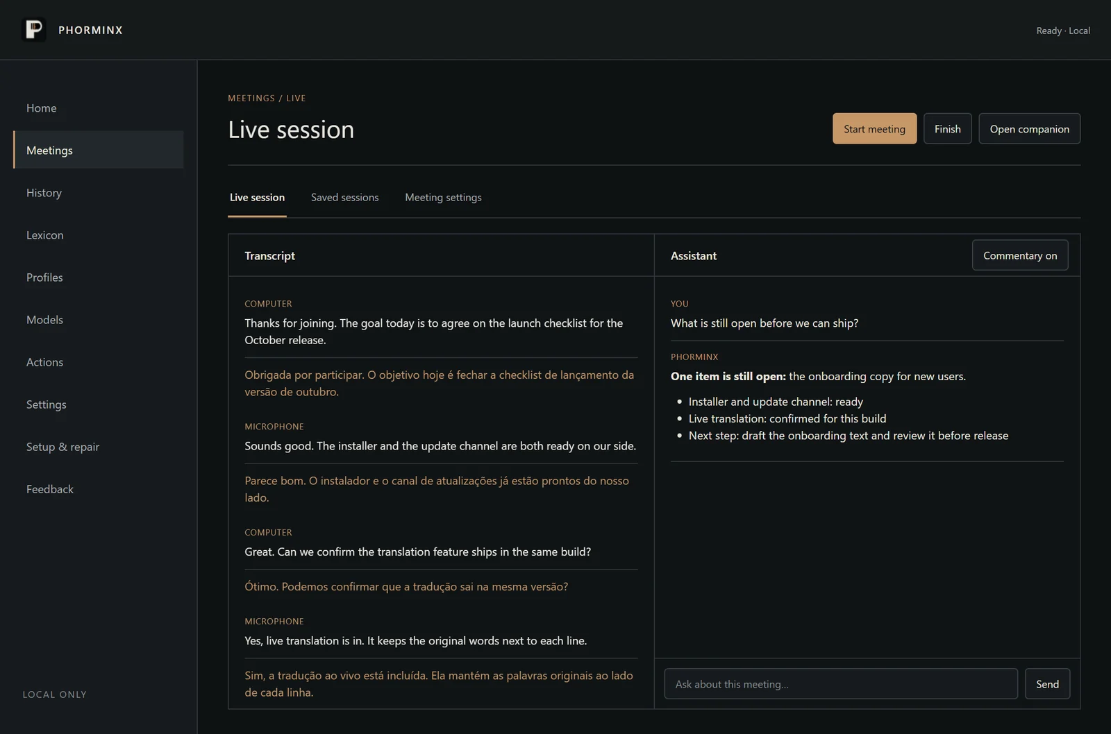 Phorminx live meeting with transcript, Portuguese translation and assistant, with demonstration content