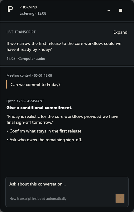 Phorminx meeting companion using synthetic demonstration content